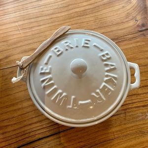 Ceramic Brie Baker with Wood Cheese Knife.